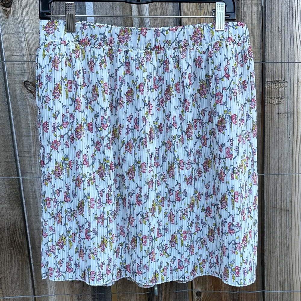 LOFT White Floral Pleated Skater Skirt with Pink & Green Accents